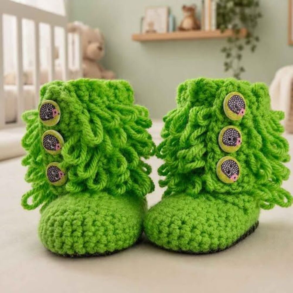 Handmade Crochet Baby Booties – Bright Green Hedgehog Buttons Soft Felt Soles